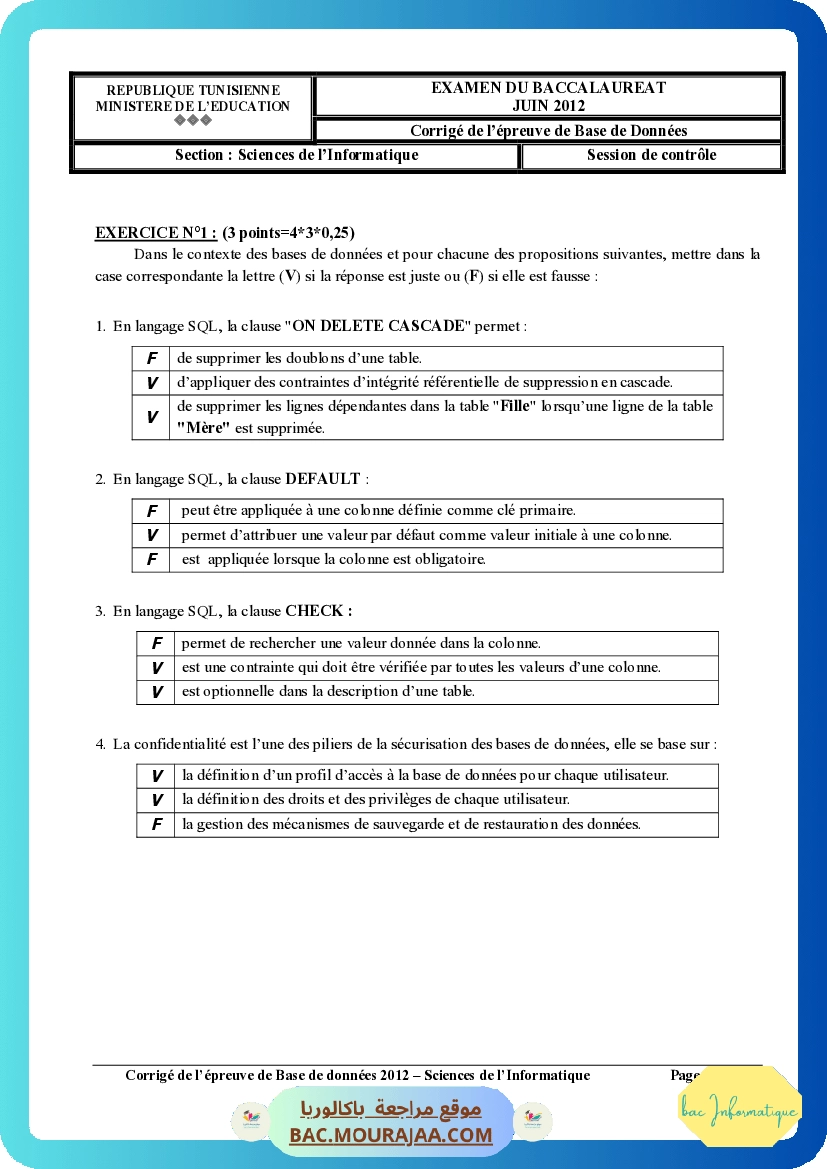 Corrigé controle bd Bac 2012 – Section info
